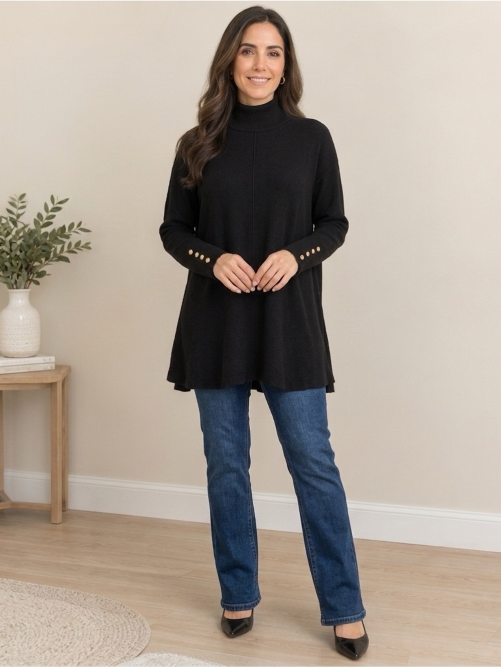Anne Klein Black Mock Neck Tunic Sweater with Gold Button Cuffs – Size L